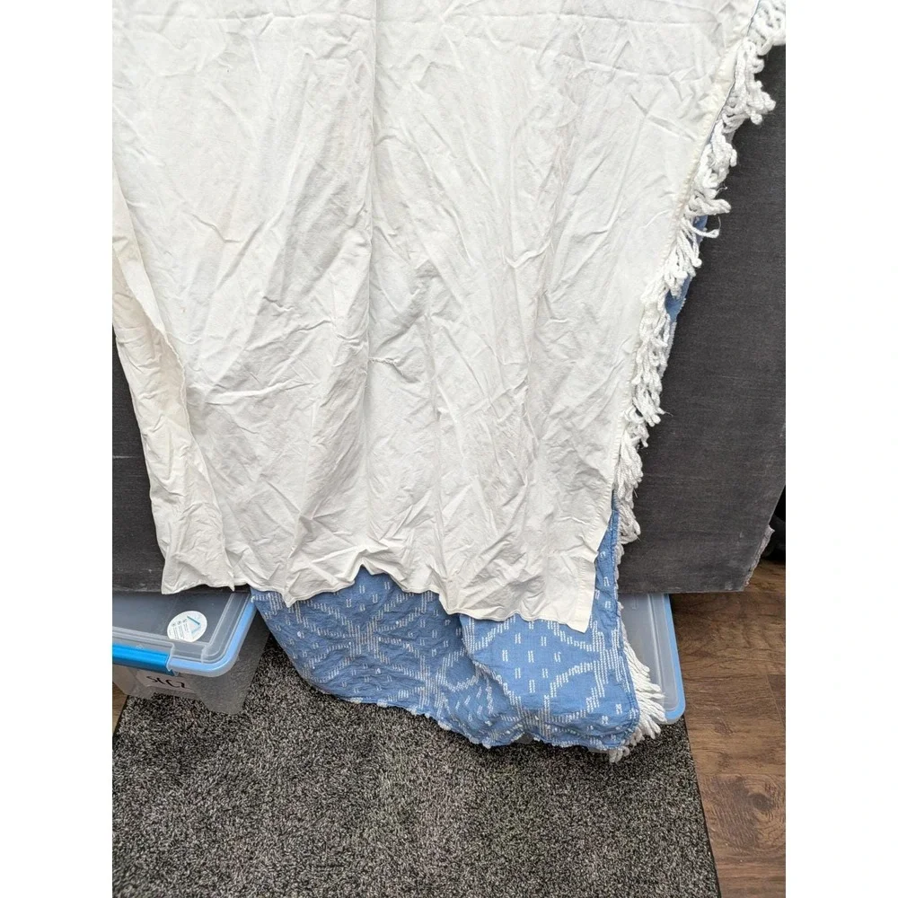 Vtg Bath Curtains Double Wedding Ring Chenille Drapes Blue White Pair Rod Pocket